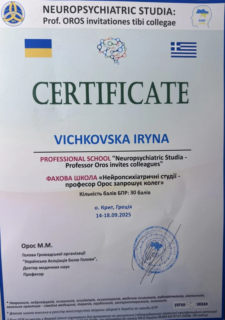 Сертифікат лікаря Вічковська Ірина Ярославівна