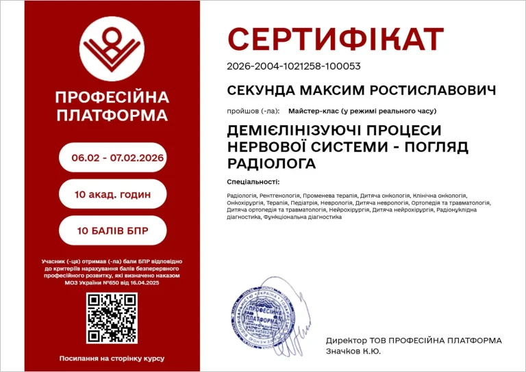 Сертифікат лікаря Секунда Максим Ростиславович