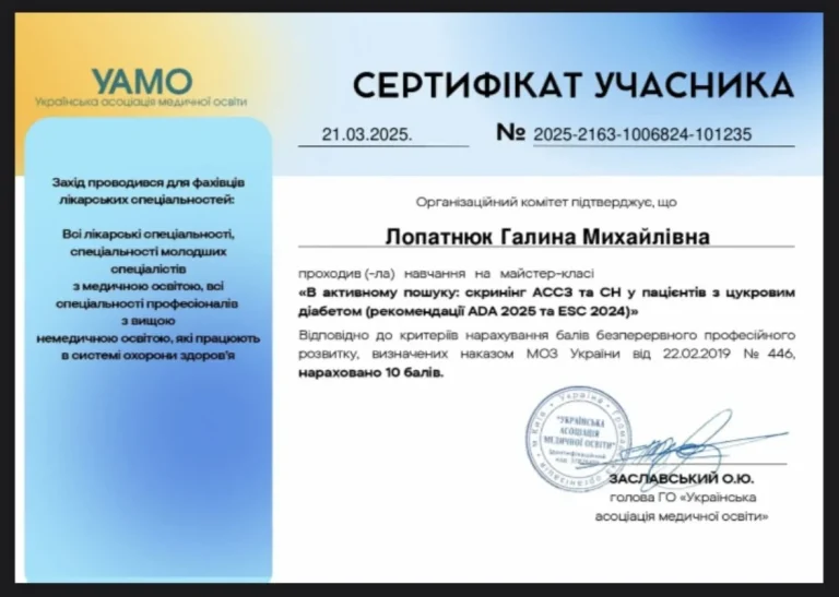 Сертифікат лікаря Лопатнюк Галина Михайлівна