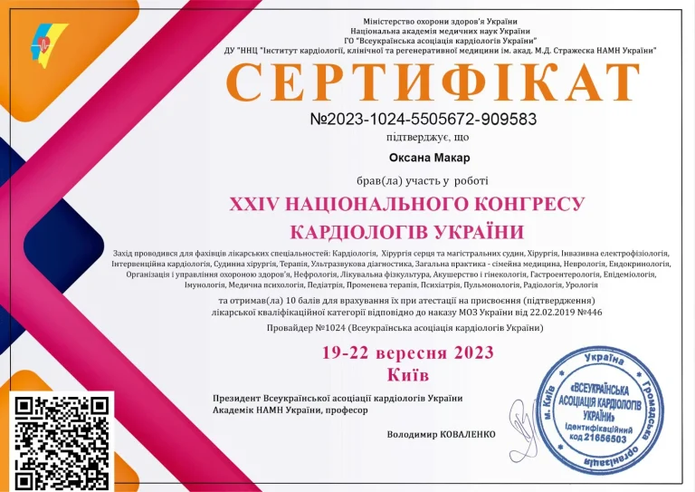 Сертифікат лікаря Макар Оксана Романівна
