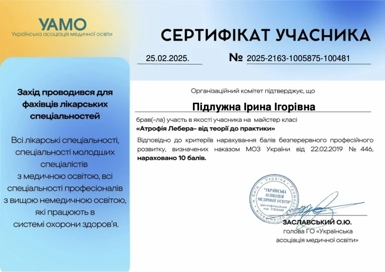 Сертифікат лікаря Підлужна Ірина Ігорівна