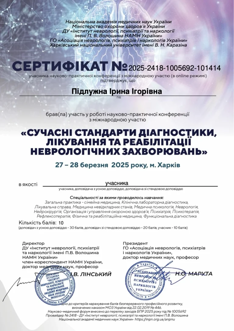 Сертифікат лікаря Підлужна Ірина Ігорівна