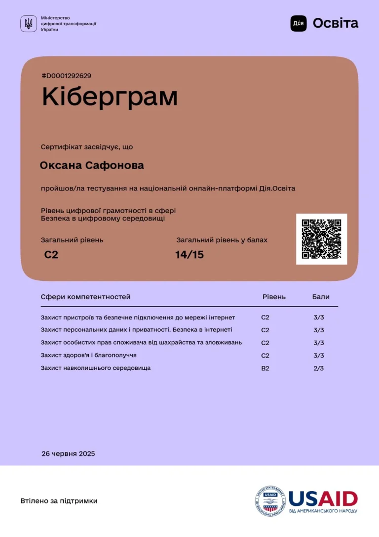 Сертифікат лікаря Сафонова Оксана Валентинівна