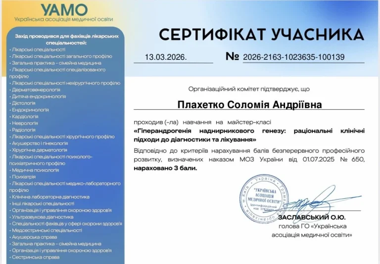 Сертифікат лікаря Плахетко Соломія Андріївна