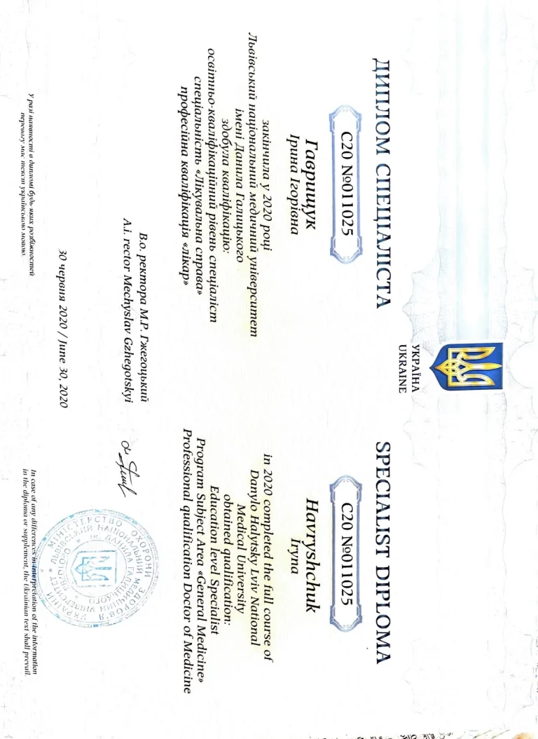 Сертифікат лікаря Гаврищук Ірина Ігорівна