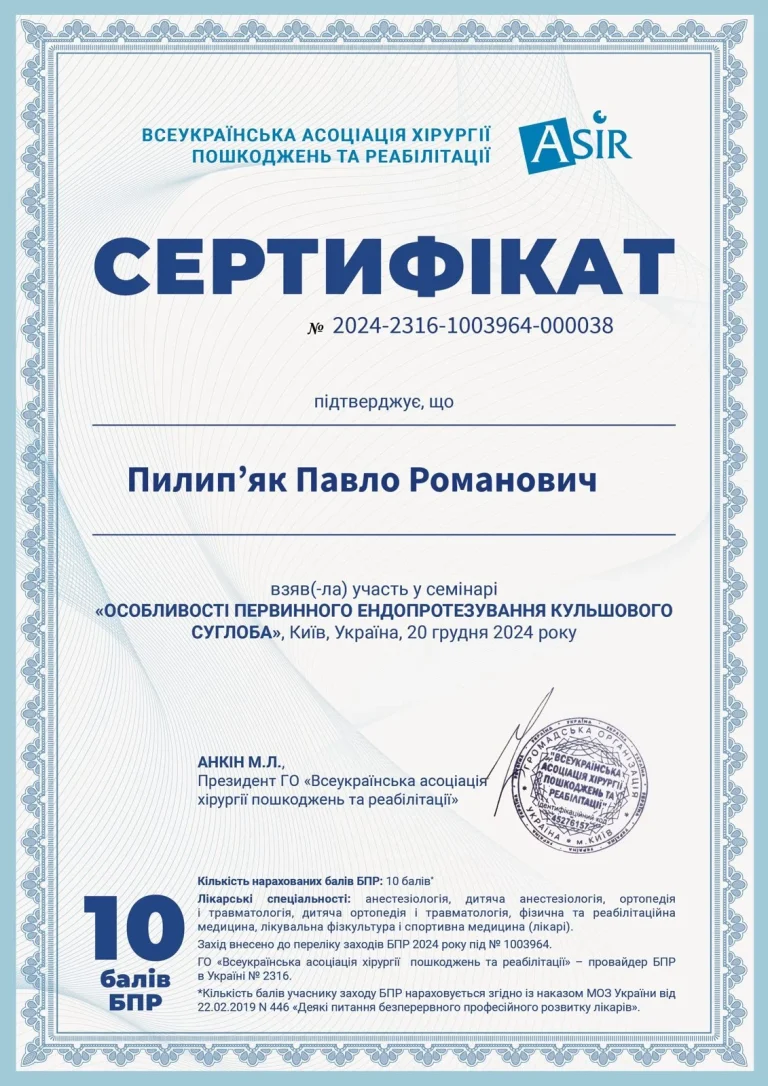 Сертифікат лікаря Пилип’як Павло Романович