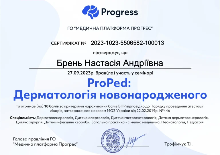Сертифікат лікаря Брень Настасія Андріївна