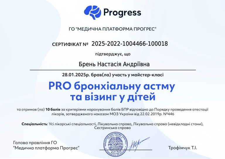 Сертифікат лікаря Брень Настасія Андріївна