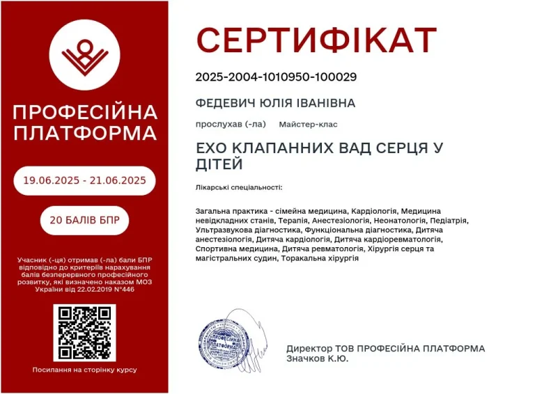 Сертифікат лікаря Федевич Юлія Іванівна