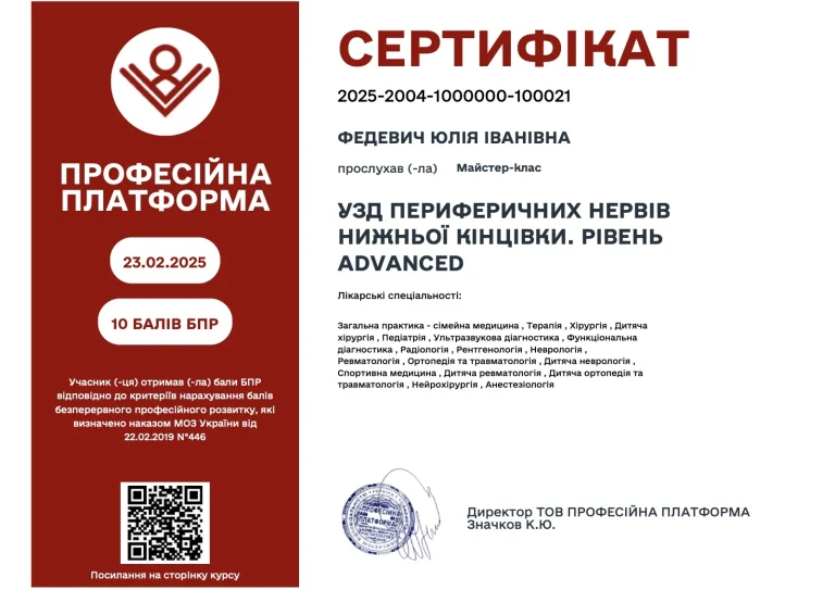 Сертифікат лікаря Федевич Юлія Іванівна
