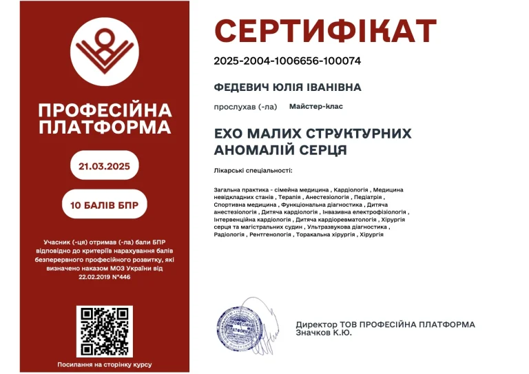 Сертифікат лікаря Федевич Юлія Іванівна