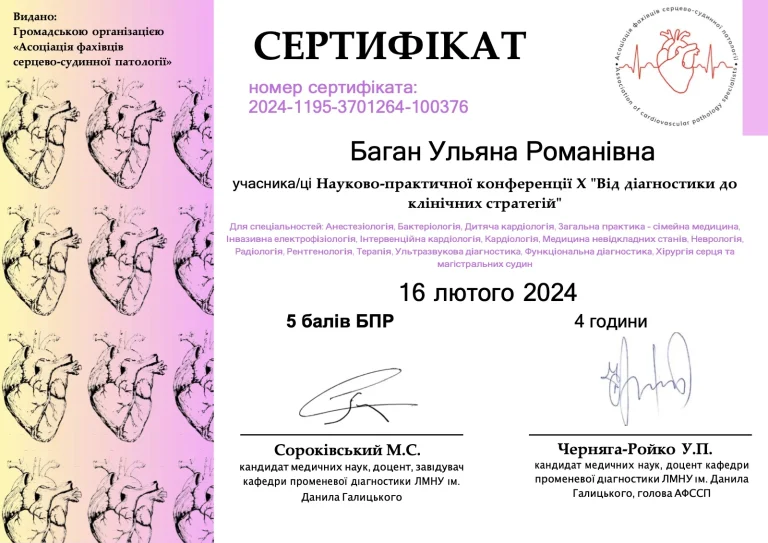 Сертифікат лікаря Баган Ульяна Романівна