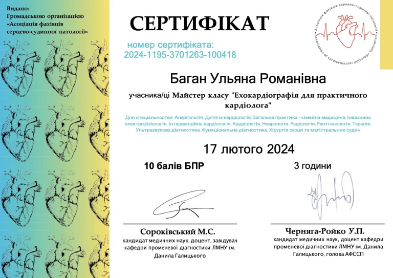 Сертифікат лікаря Баган Ульяна Романівна