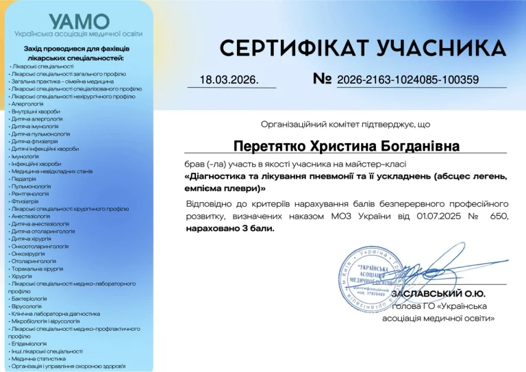 Сертифікат лікаря Перетятко Христина Богданівна