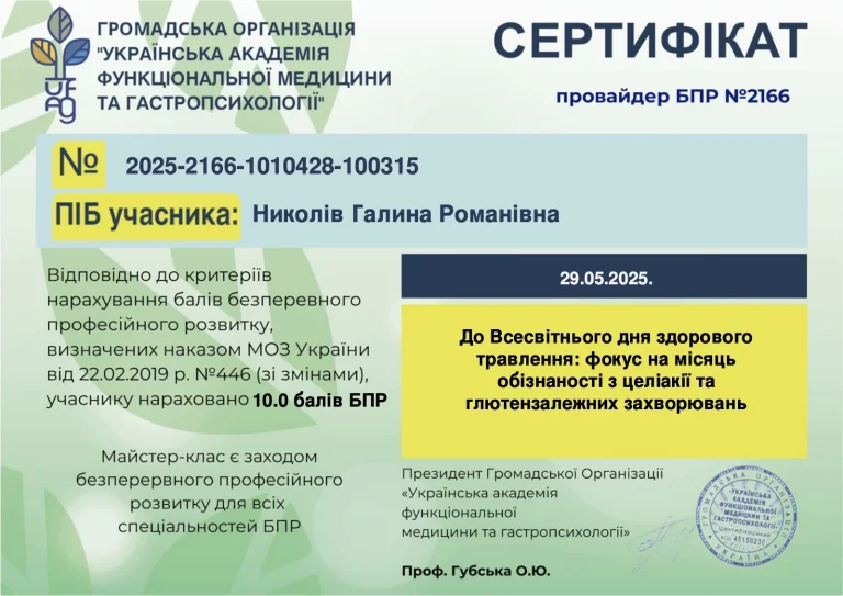 Сертифікат лікаря Николів Галина Романівна