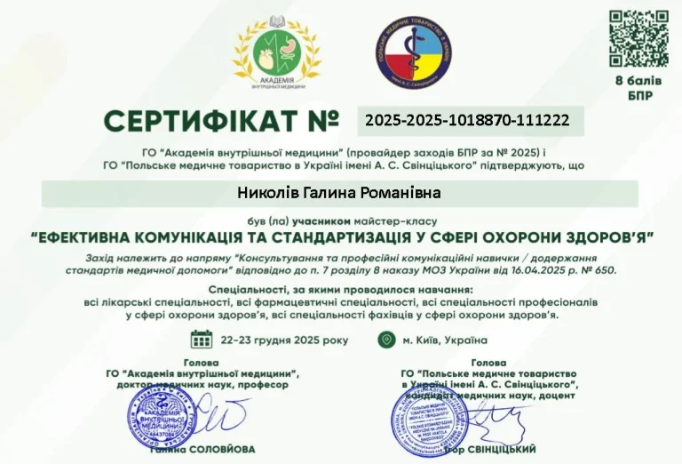 Сертифікат лікаря Николів Галина Романівна
