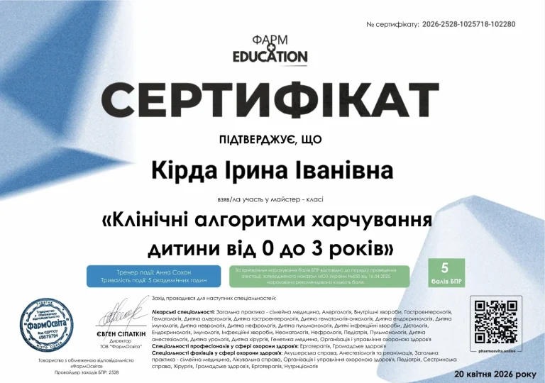 Сертифікат лікаря Кірда Ірина Іванівна