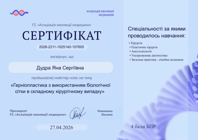 Сертифікат лікаря Дудра Яна Сергіївна
