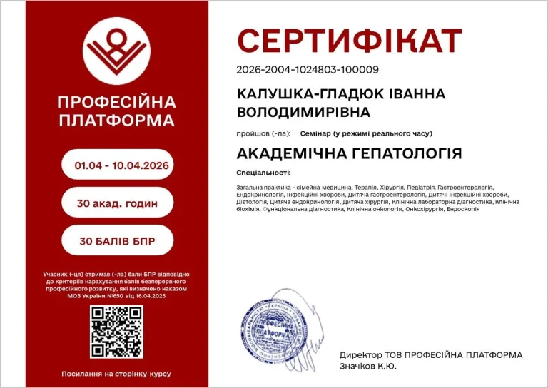 Сертифікат лікаря Калушка-Гладюк Іванна Володимирівна