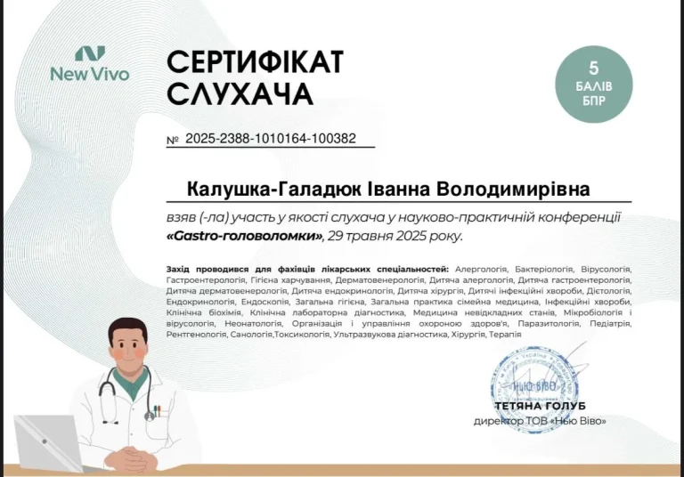 Сертифікат лікаря Калушка-Гладюк Іванна Володимирівна