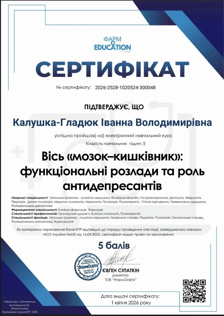 Сертифікат лікаря Калушка-Гладюк Іванна Володимирівна