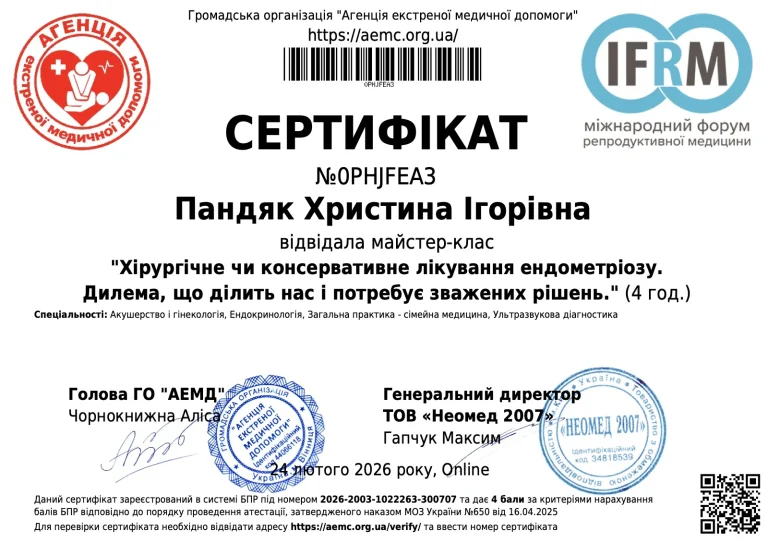 Сертифікат лікаря Пандяк Христина Ігорівна