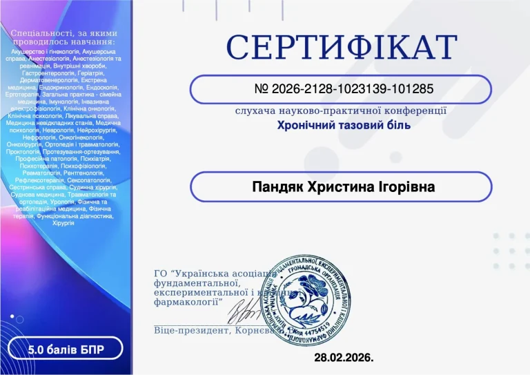 Сертифікат лікаря Пандяк Христина Ігорівна