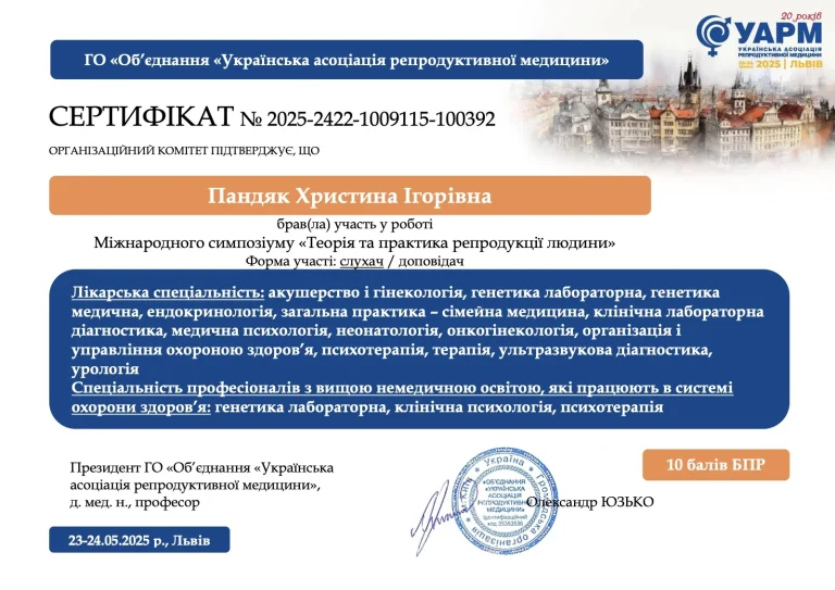 Сертифікат лікаря Пандяк Христина Ігорівна