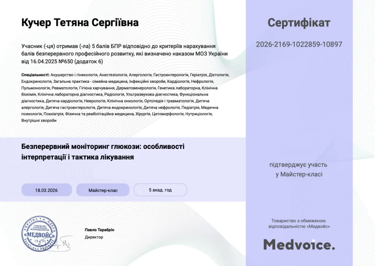Сертифікат лікаря Кучер Тетяна Сергіївна
