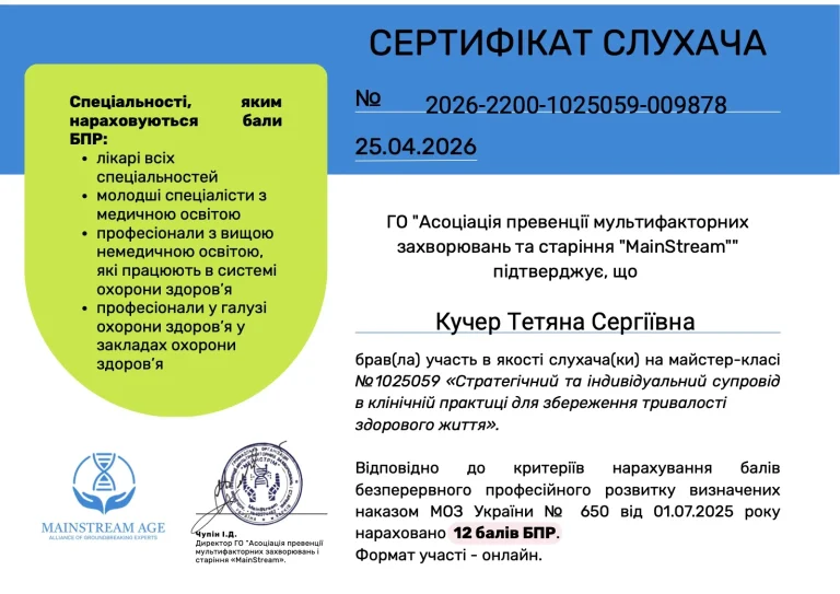 Сертифікат лікаря Кучер Тетяна Сергіївна