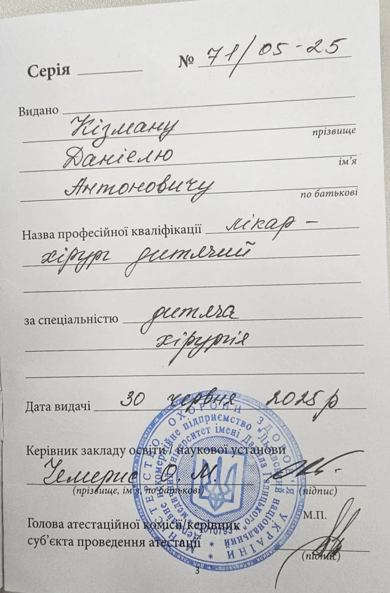 Сертифікат лікаря Кізман Даніель Антонович