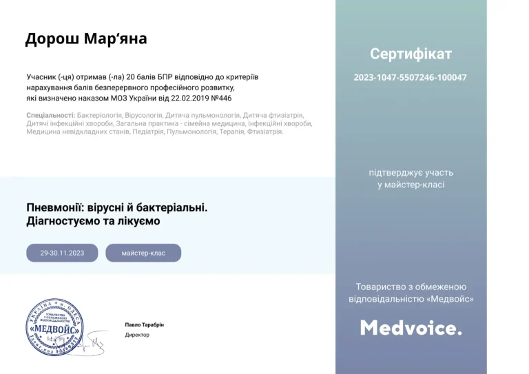 Сертифікат лікаря Дорош Мар’яна Андріївна