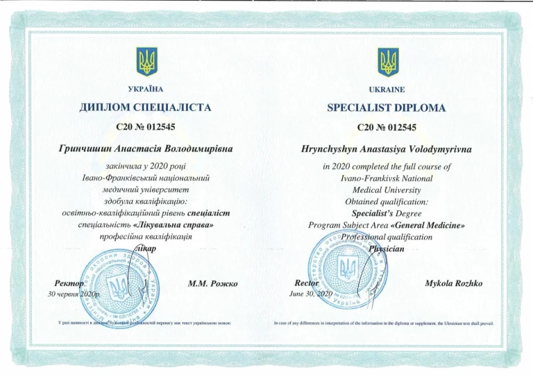 Сертифікат лікаря Гринчишин Анастасія Володимирівна