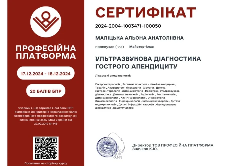 Сертифікат лікаря Маліцька Альона Анатоліївна