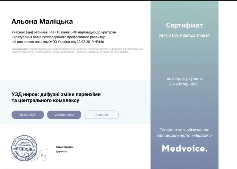 Сертифікат лікаря Маліцька Альона Анатоліївна