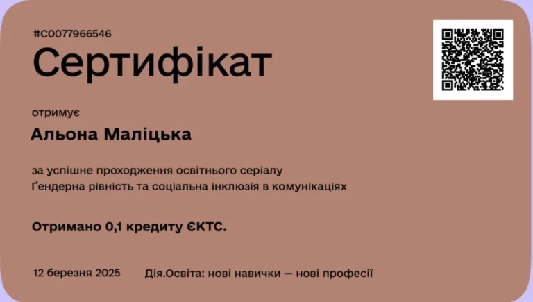 Сертифікат лікаря Маліцька Альона Анатоліївна