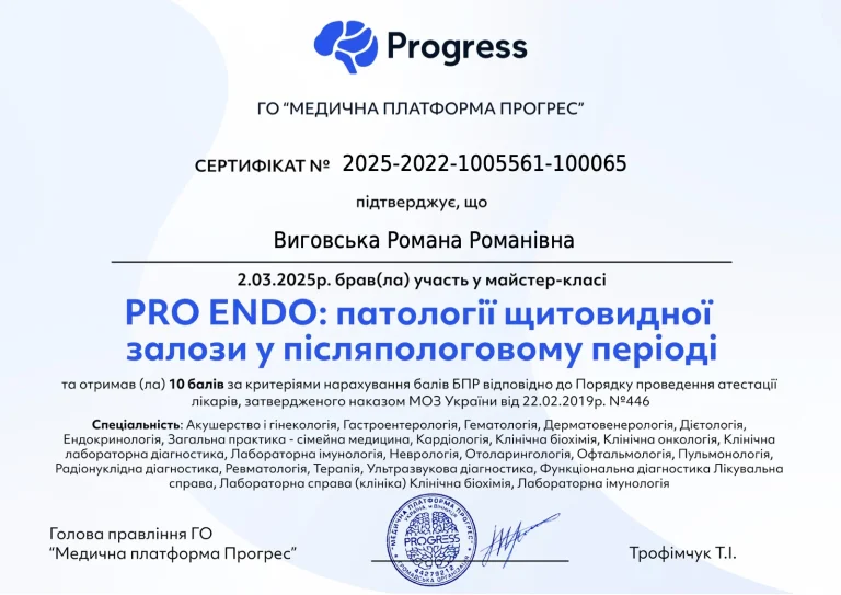 Сертифікат лікаря Виговська Романа Романівна