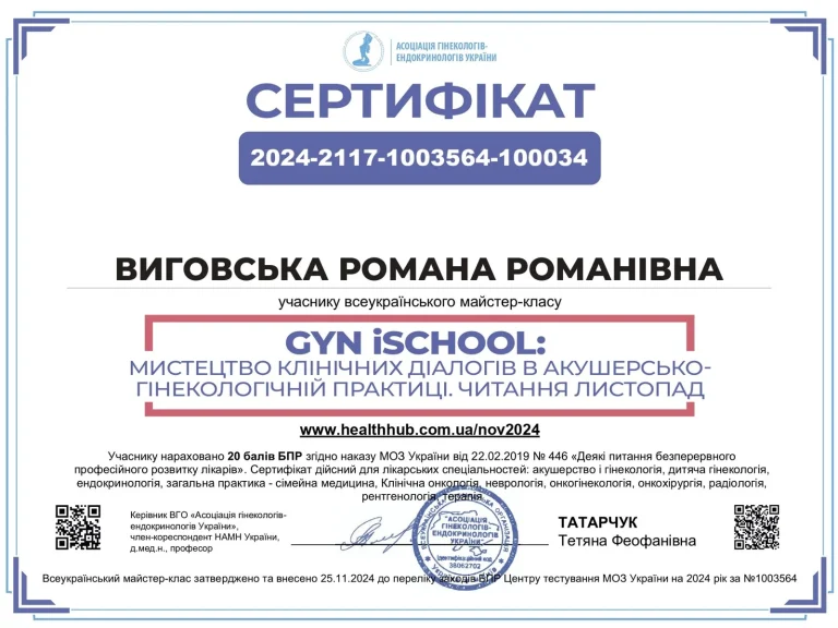 Сертифікат лікаря Виговська Романа Романівна