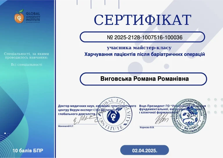 Сертифікат лікаря Виговська Романа Романівна