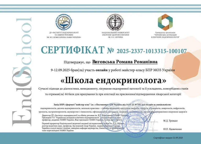 Сертифікат лікаря Виговська Романа Романівна