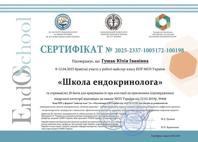 Сертифікат лікаря Гушак Юлія Іванівна