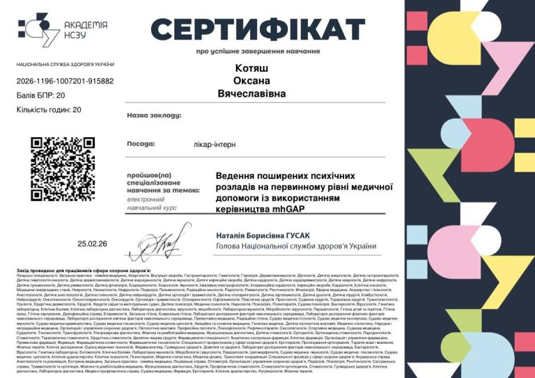 Сертифікат лікаря Котяш Оксана В’ячеславівна