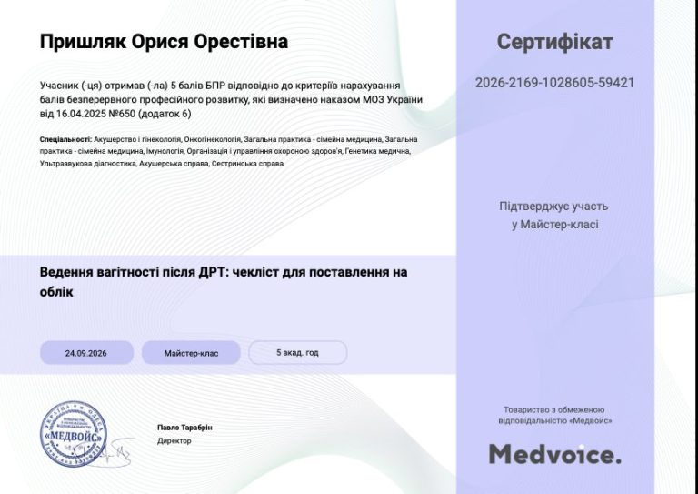 Сертифікат лікаря Пришляк Орися Орестівна