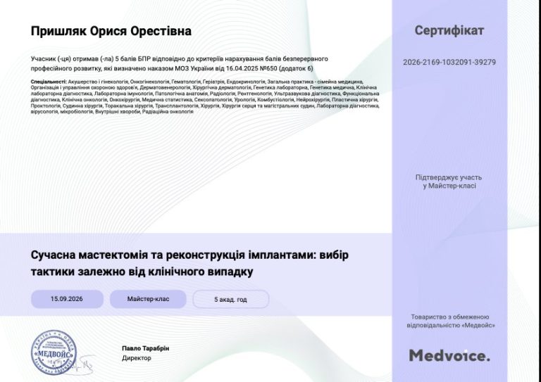 Сертифікат лікаря Пришляк Орися Орестівна